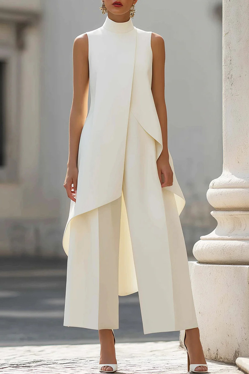 Draped Mock Neck Sleeveless Wide-Leg Trouser Set