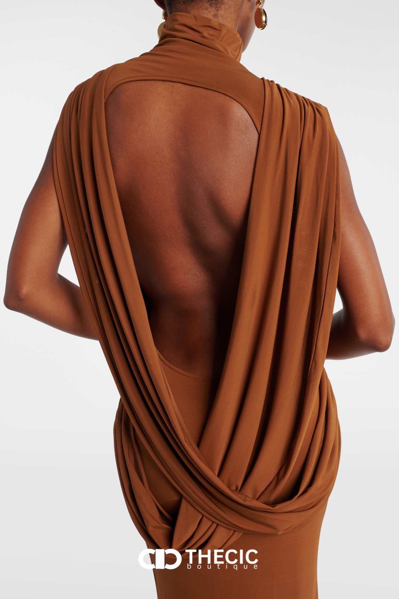 Draped Open-Back Turtleneck Sleeveless Maxi Dress