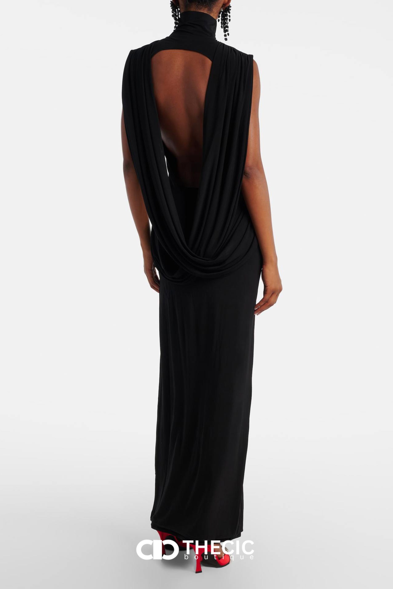 Draped Open-Back Turtleneck Sleeveless Maxi Dress