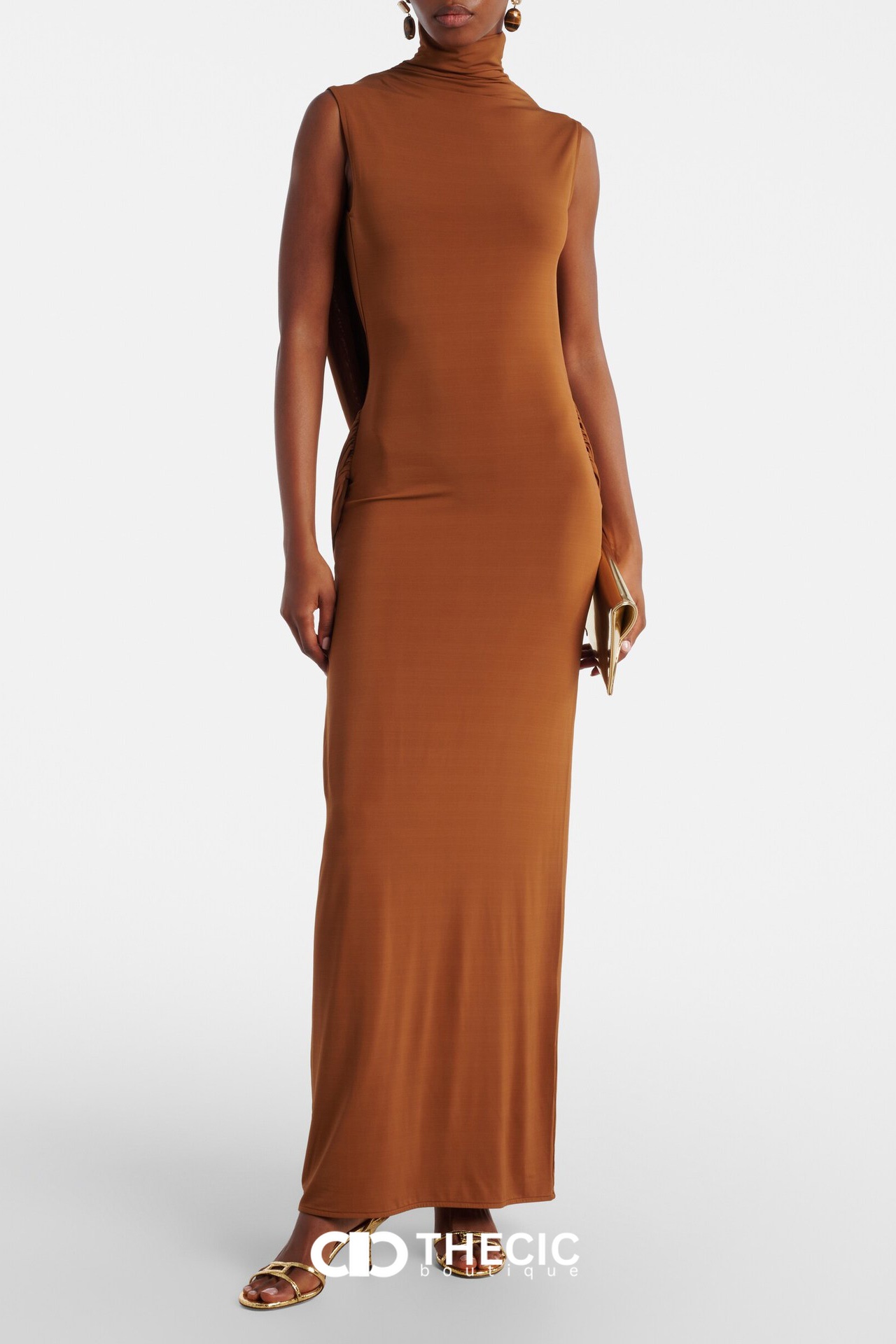 Draped Open-Back Turtleneck Sleeveless Maxi Dress
