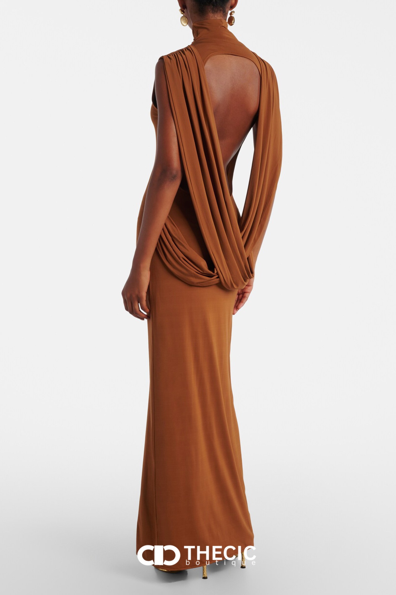 Draped Open-Back Turtleneck Sleeveless Maxi Dress