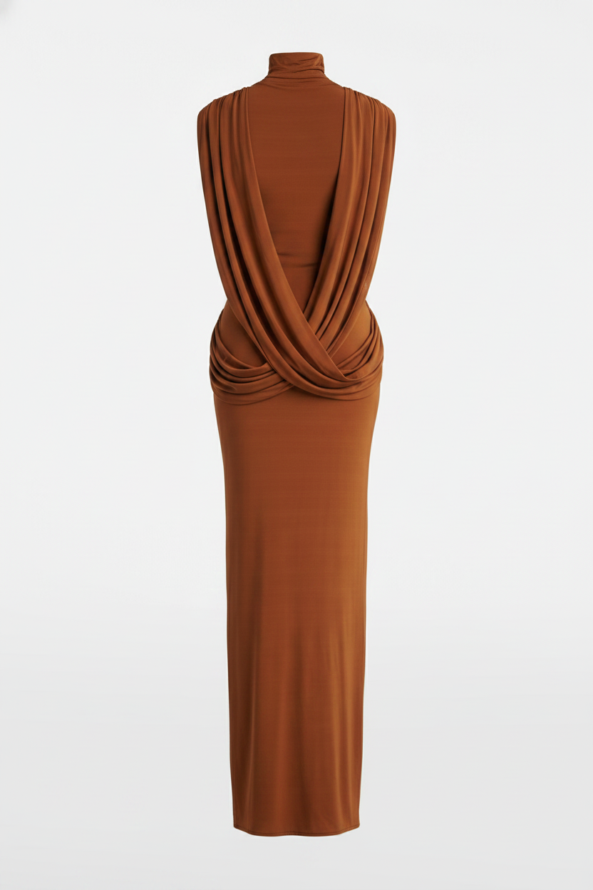 Draped Open-Back Turtleneck Sleeveless Maxi Dress