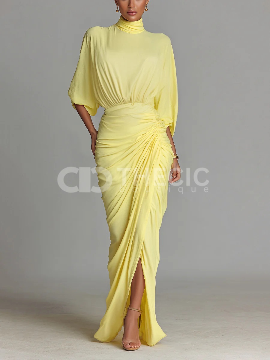 Draped Ruched High-Neck Dolman Sleeve Maxi Dress