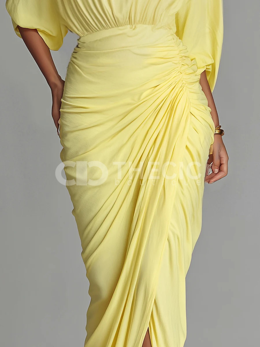 Draped Ruched High-Neck Dolman Sleeve Maxi Dress