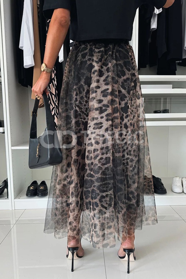 Elastic Waist Sheer Leopard Print Midi Skirt
