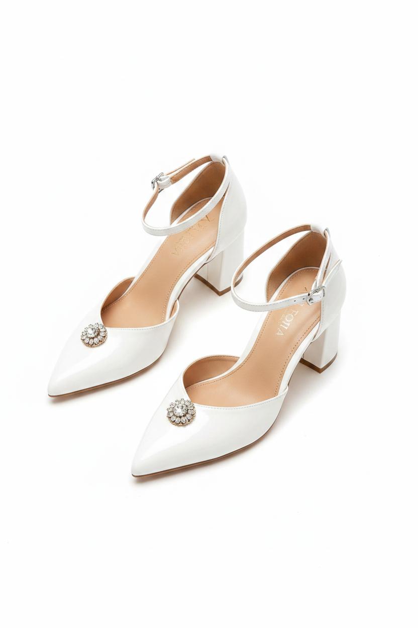Embellished Patent Leather Pointed-Toe Block Heel Pumps