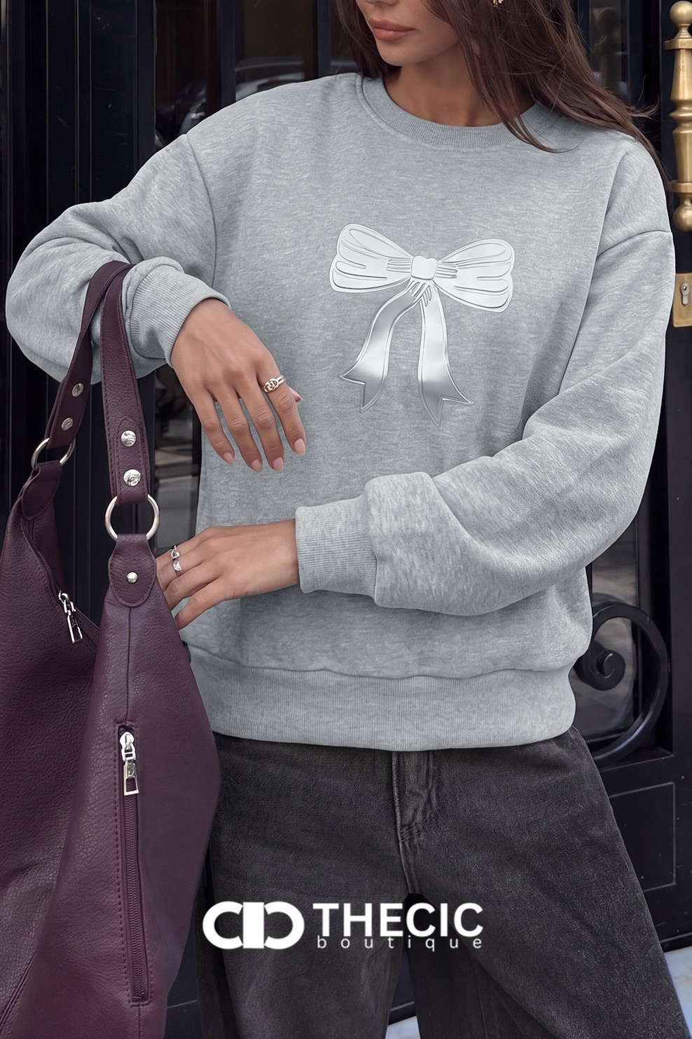Embossed Bow Crew Neck Relaxed Sweatshirt