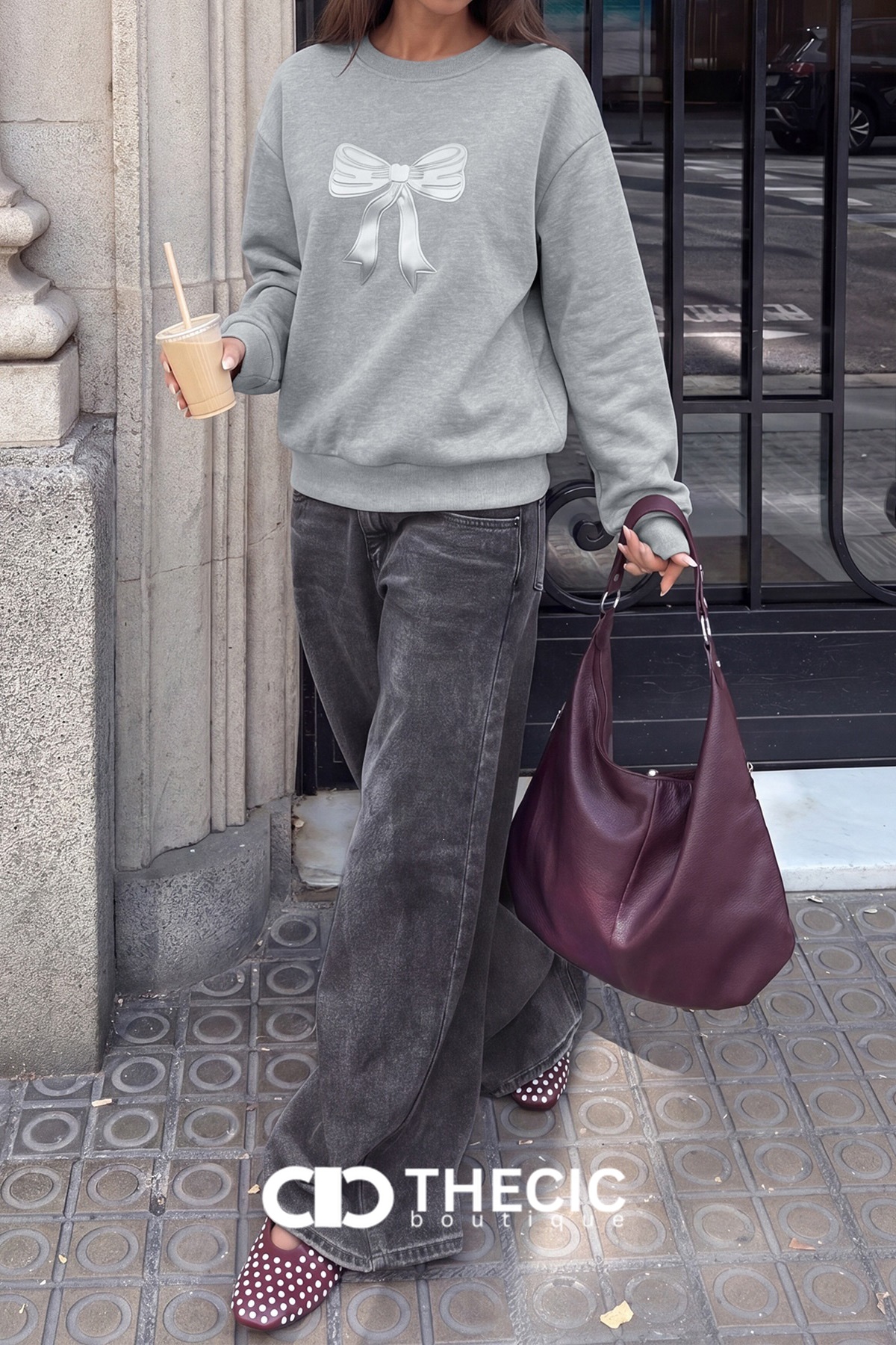 Embossed Bow Crew Neck Relaxed Sweatshirt