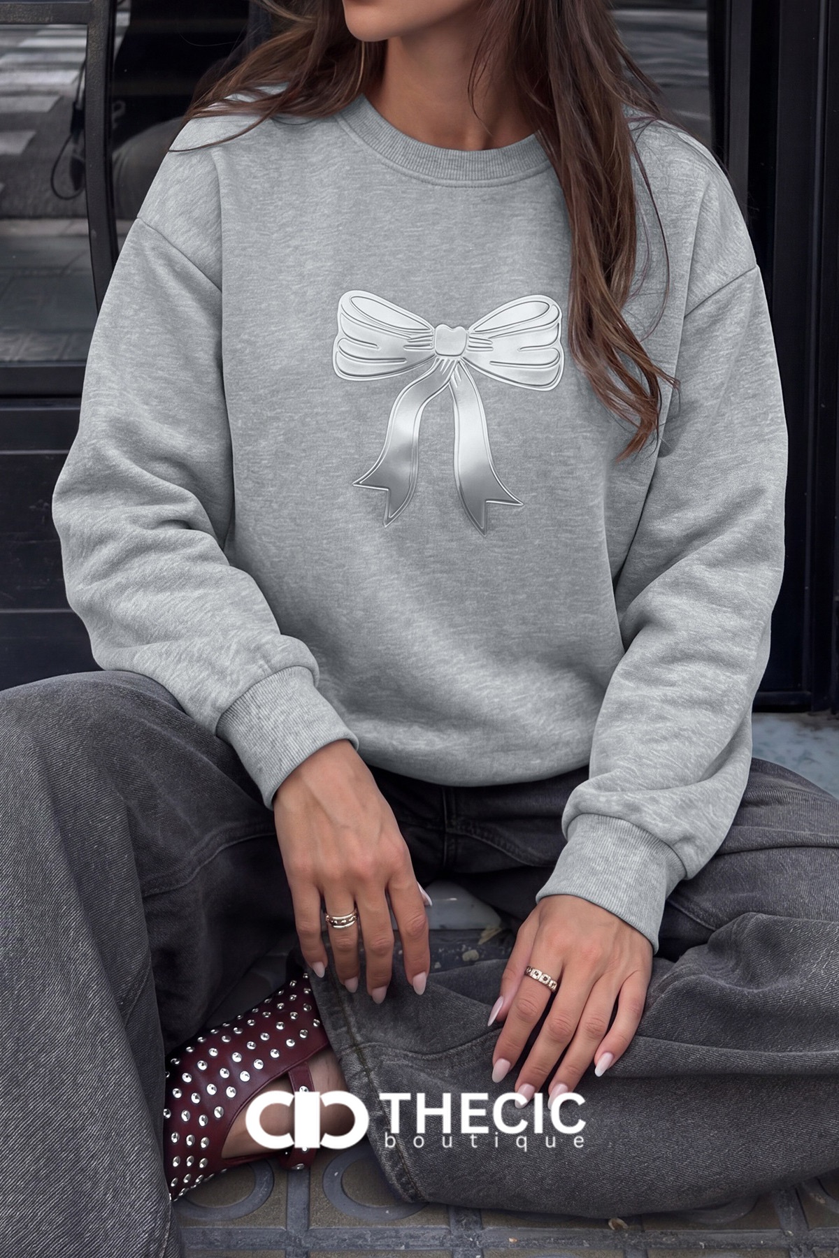 Embossed Bow Crew Neck Relaxed Sweatshirt