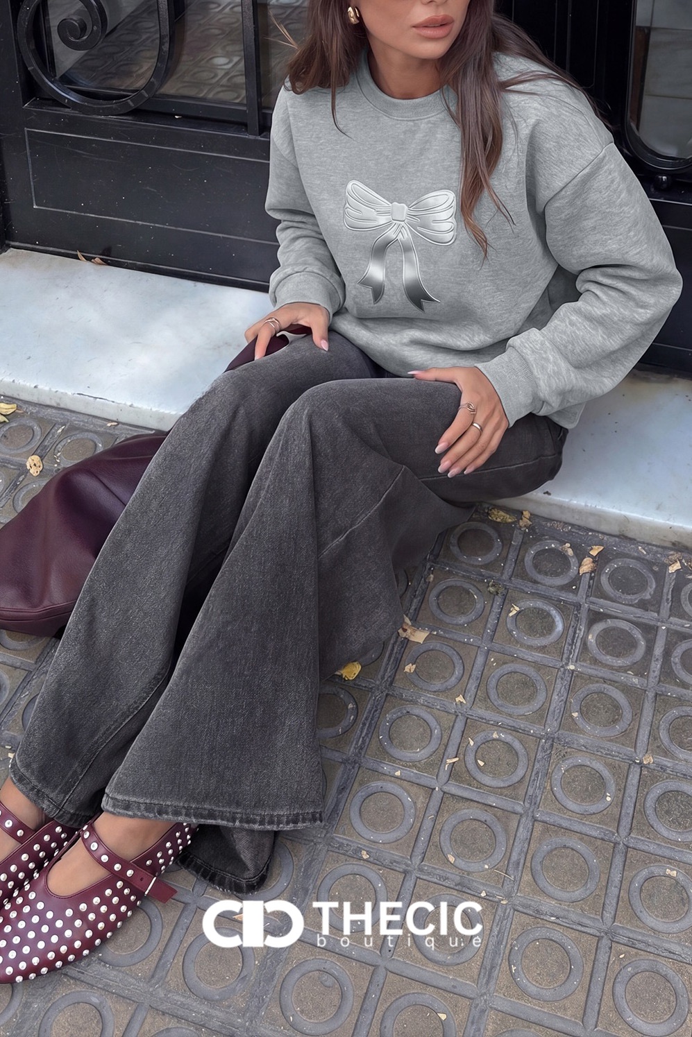 Embossed Bow Crew Neck Relaxed Sweatshirt
