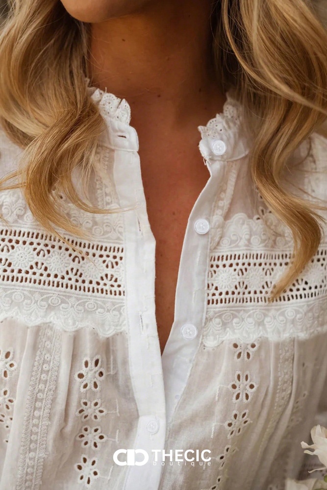 Embroidered Eyelet Ruffle Collar Puff Sleeve Blouse