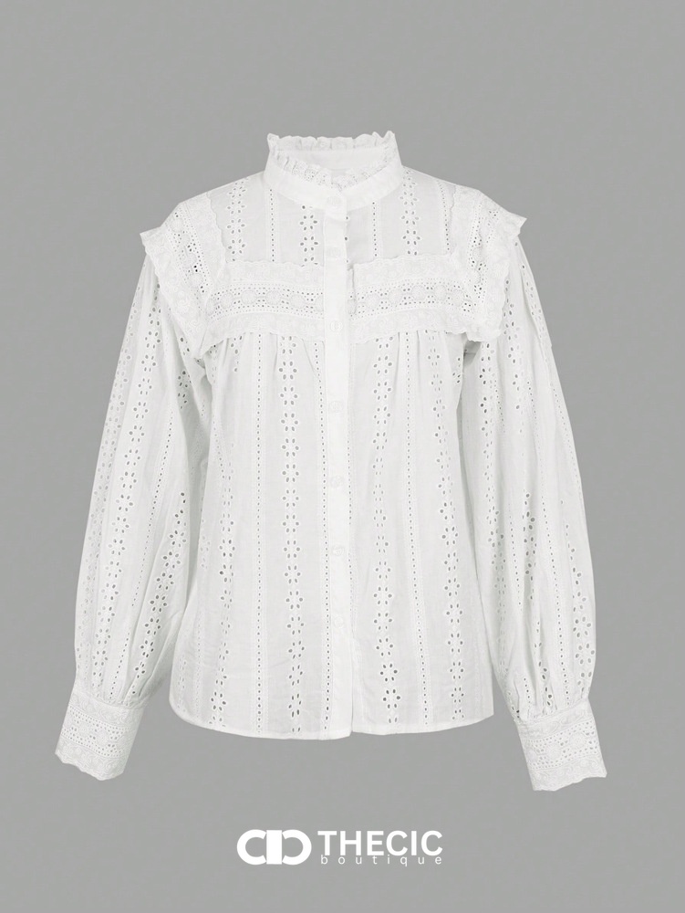 Embroidered Eyelet Ruffle Collar Puff Sleeve Blouse