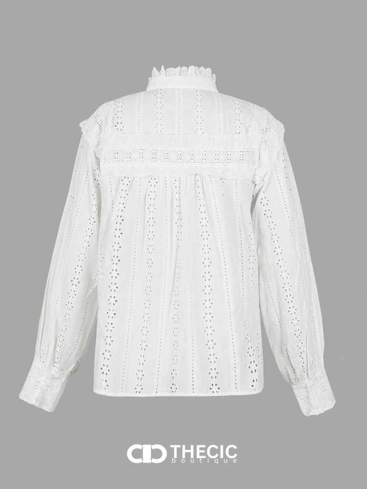 Embroidered Eyelet Ruffle Collar Puff Sleeve Blouse