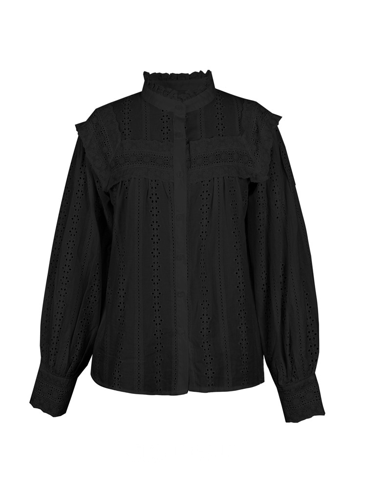 Embroidered Eyelet Ruffle Collar Puff Sleeve Blouse