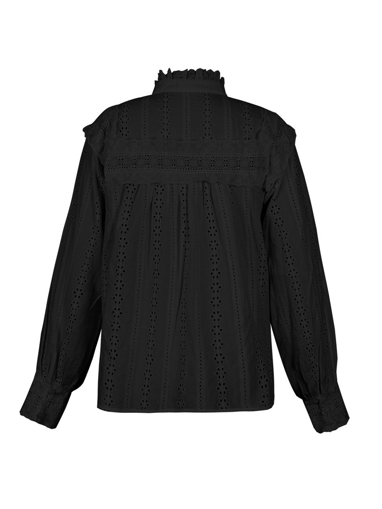 Embroidered Eyelet Ruffle Collar Puff Sleeve Blouse