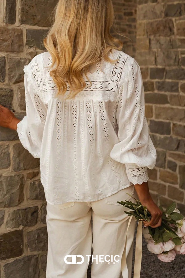 Embroidered Eyelet Ruffle Collar Puff Sleeve Blouse