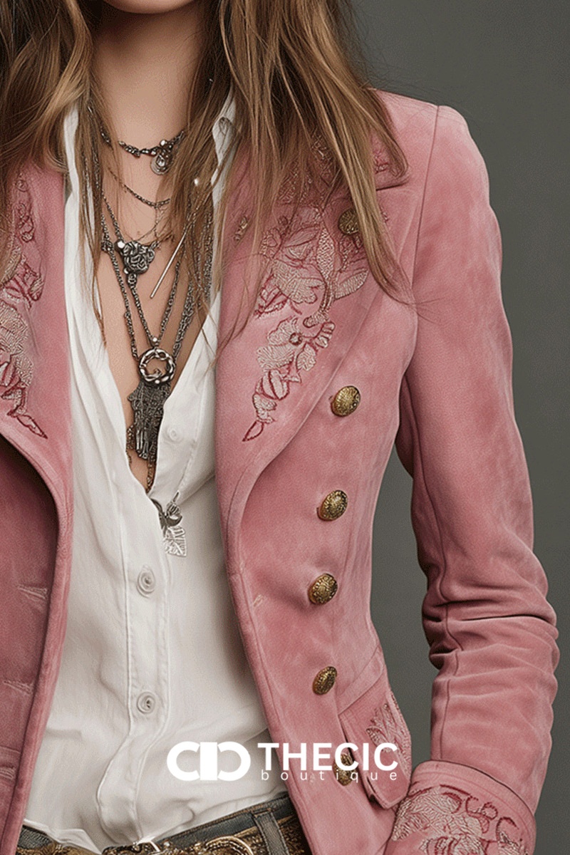 Embroidered Fitted Double-Breasted Jacket with Brass Buttons