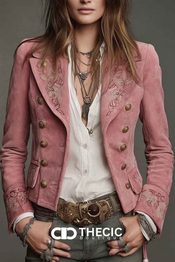 Embroidered Fitted Double-Breasted Jacket with Brass Buttons