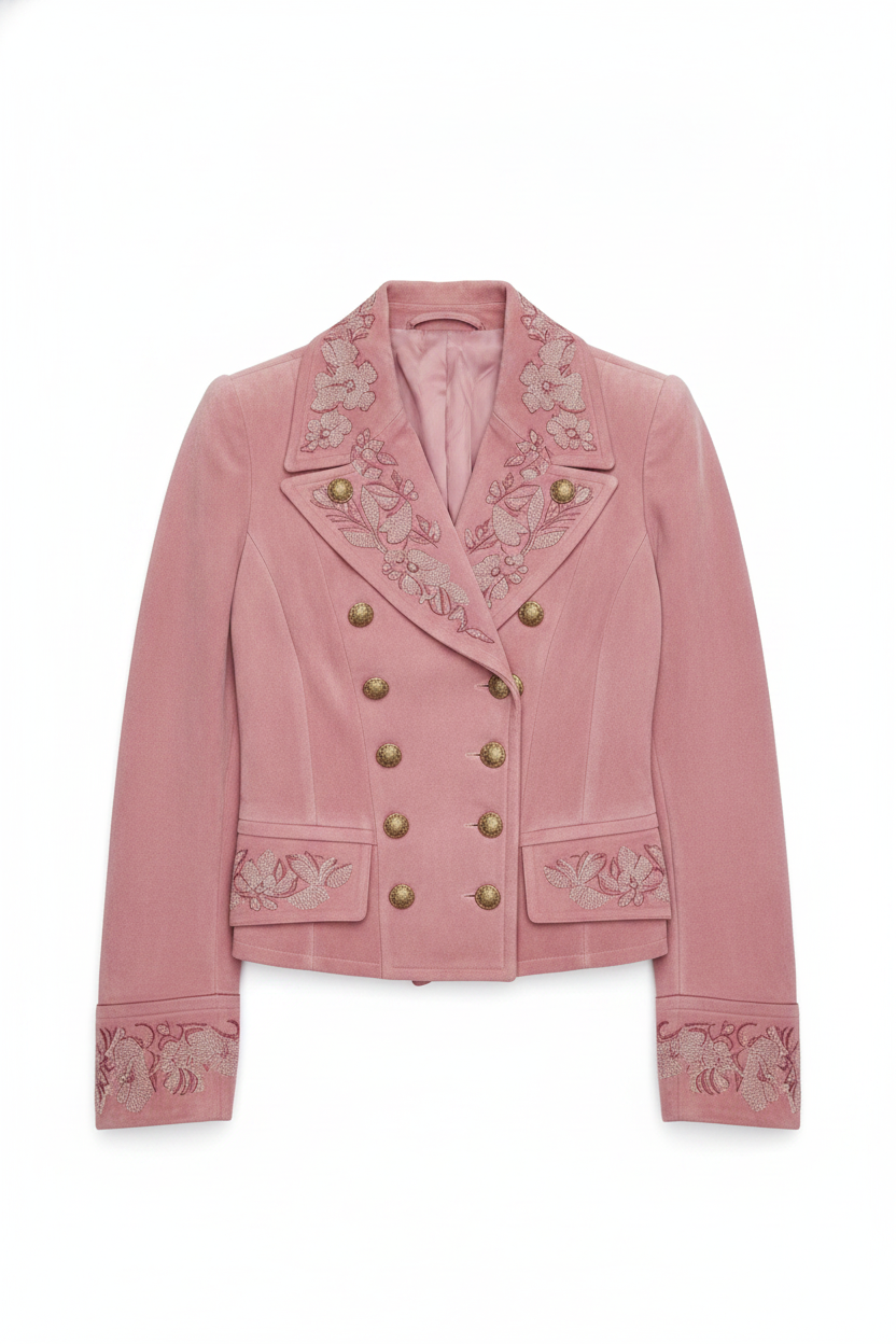 Embroidered Fitted Double-Breasted Jacket with Brass Buttons
