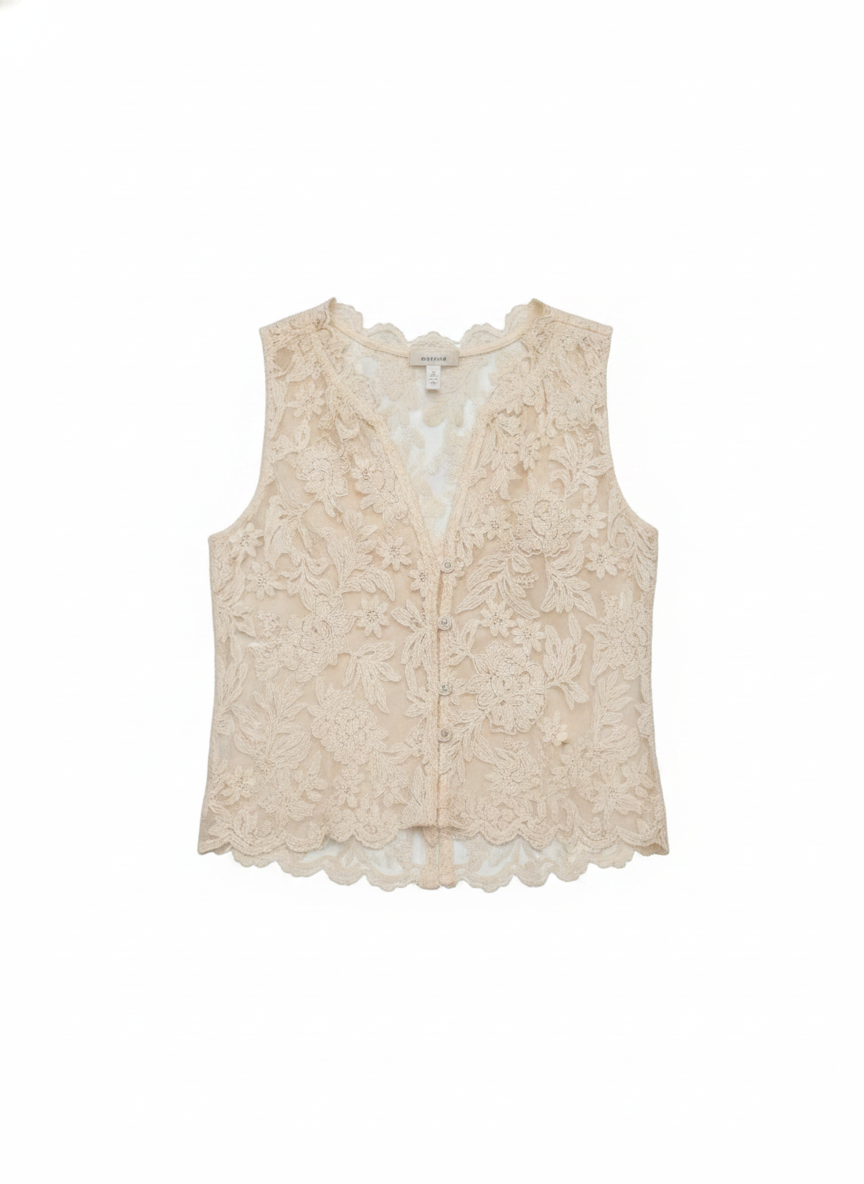 Embroidered Floral Lace Button-Front Sleeveless Blouse