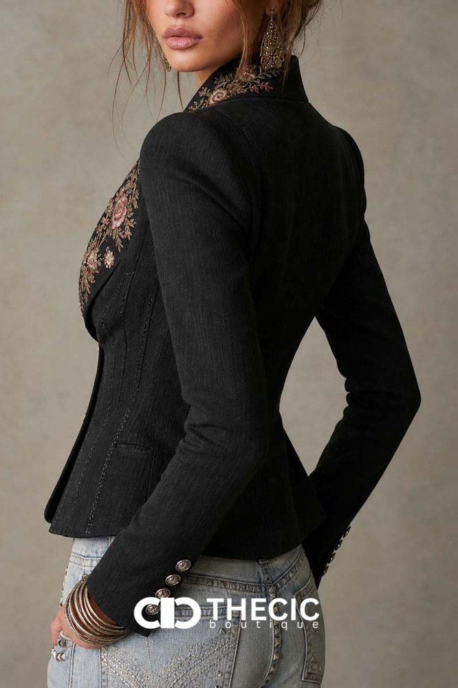 Embroidered Floral Lapel Fitted Pinstripe Blazer