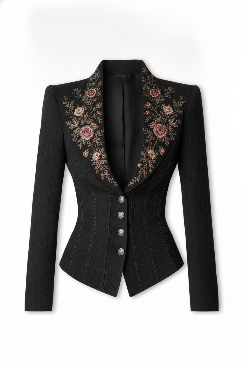 Embroidered Floral Lapel Fitted Pinstripe Blazer