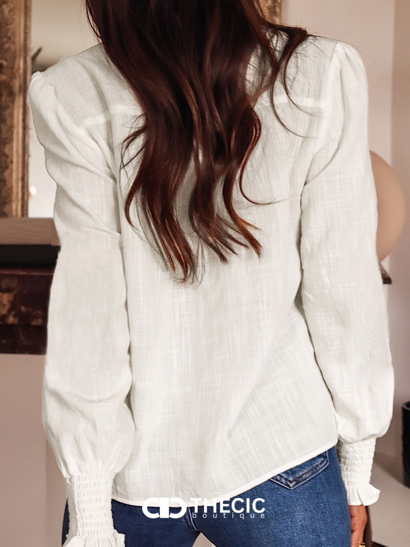Embroidered Puff Sleeve Stand Collar Smocked Blouse