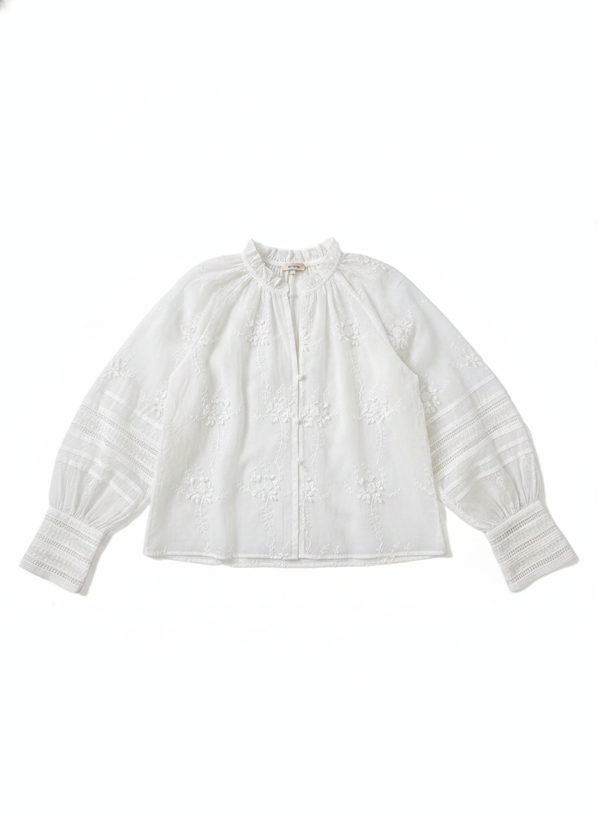 Embroidered Ruffle Collar Puff Sleeve Blouse