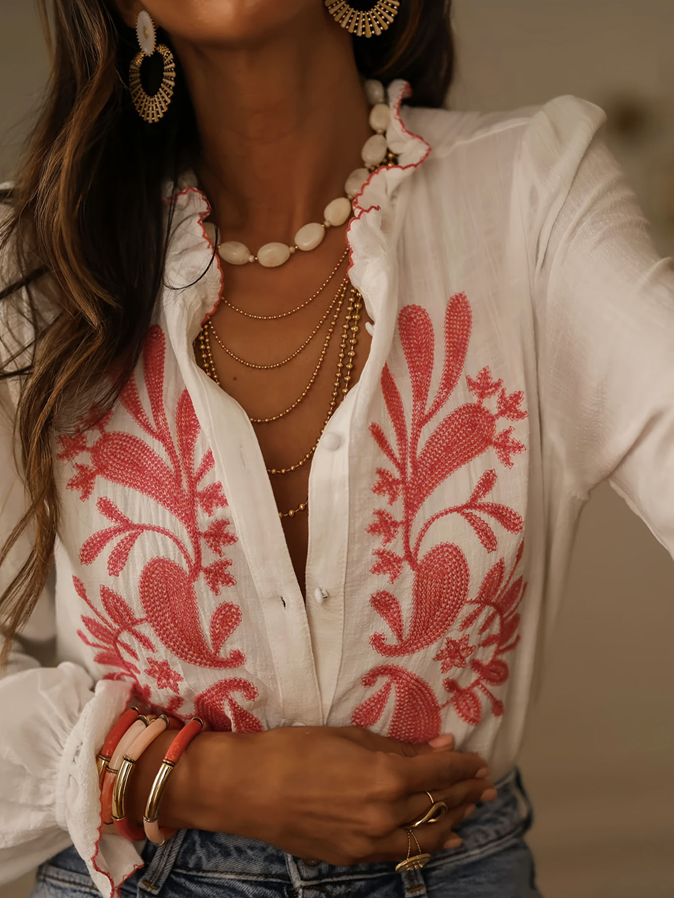 Embroidered Ruffle Trim Button-Up Blouse