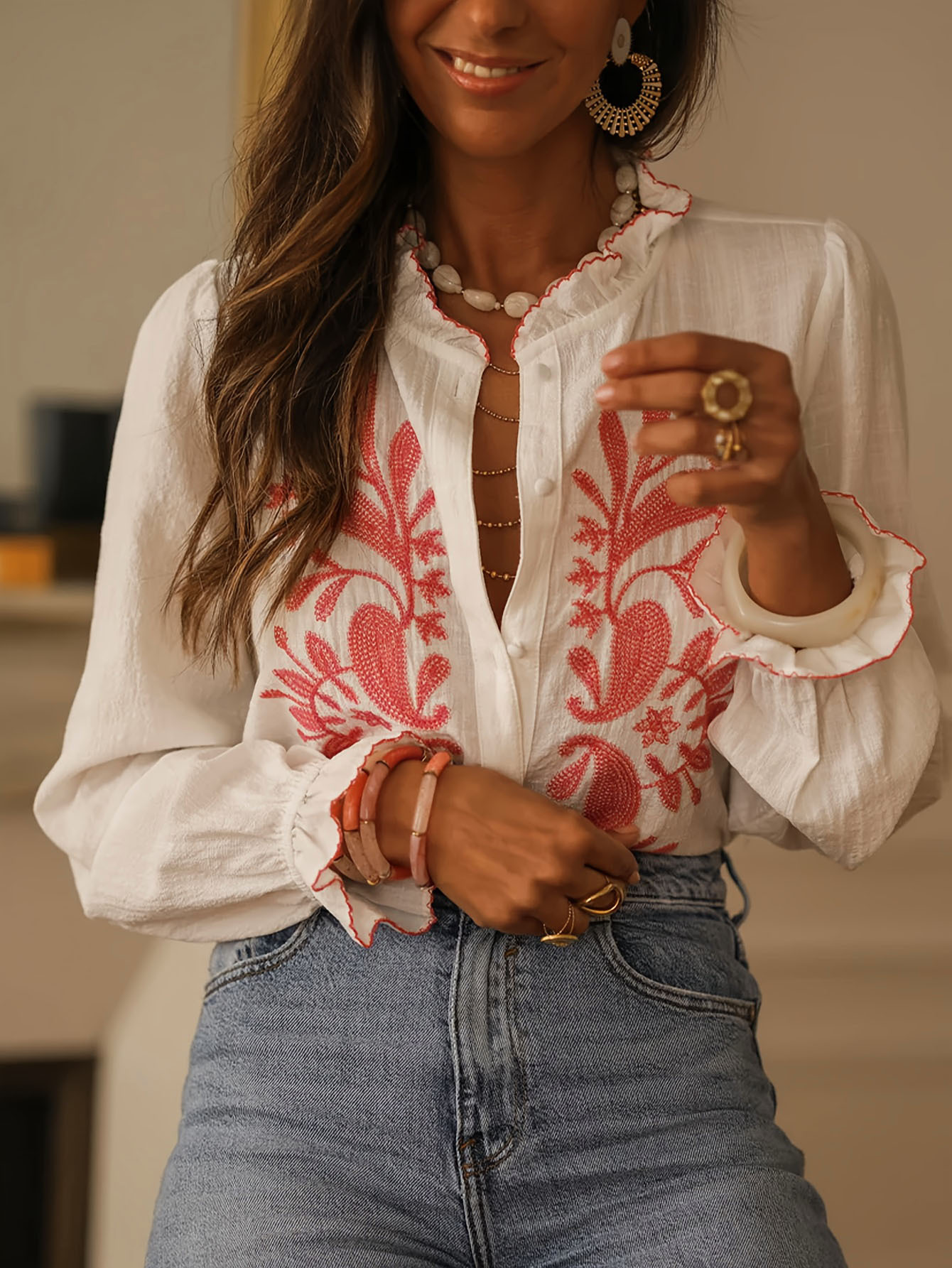Embroidered Ruffle Trim Button-Up Blouse