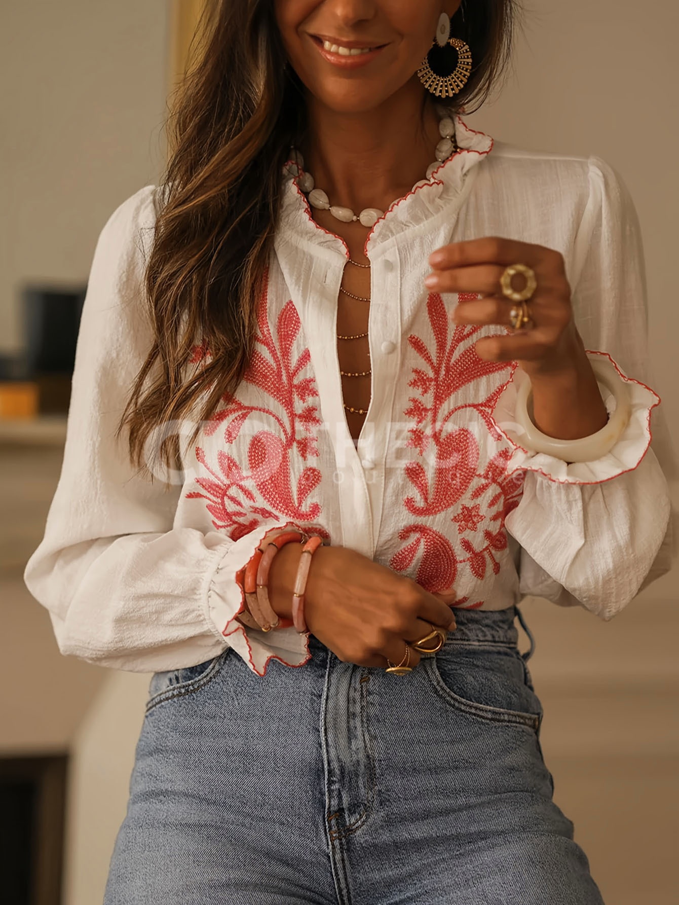 Embroidered Ruffle Trim Button-Up Blouse