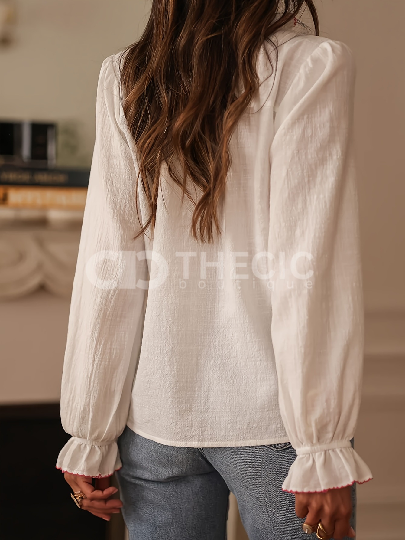 Embroidered Ruffle Trim Button-Up Blouse