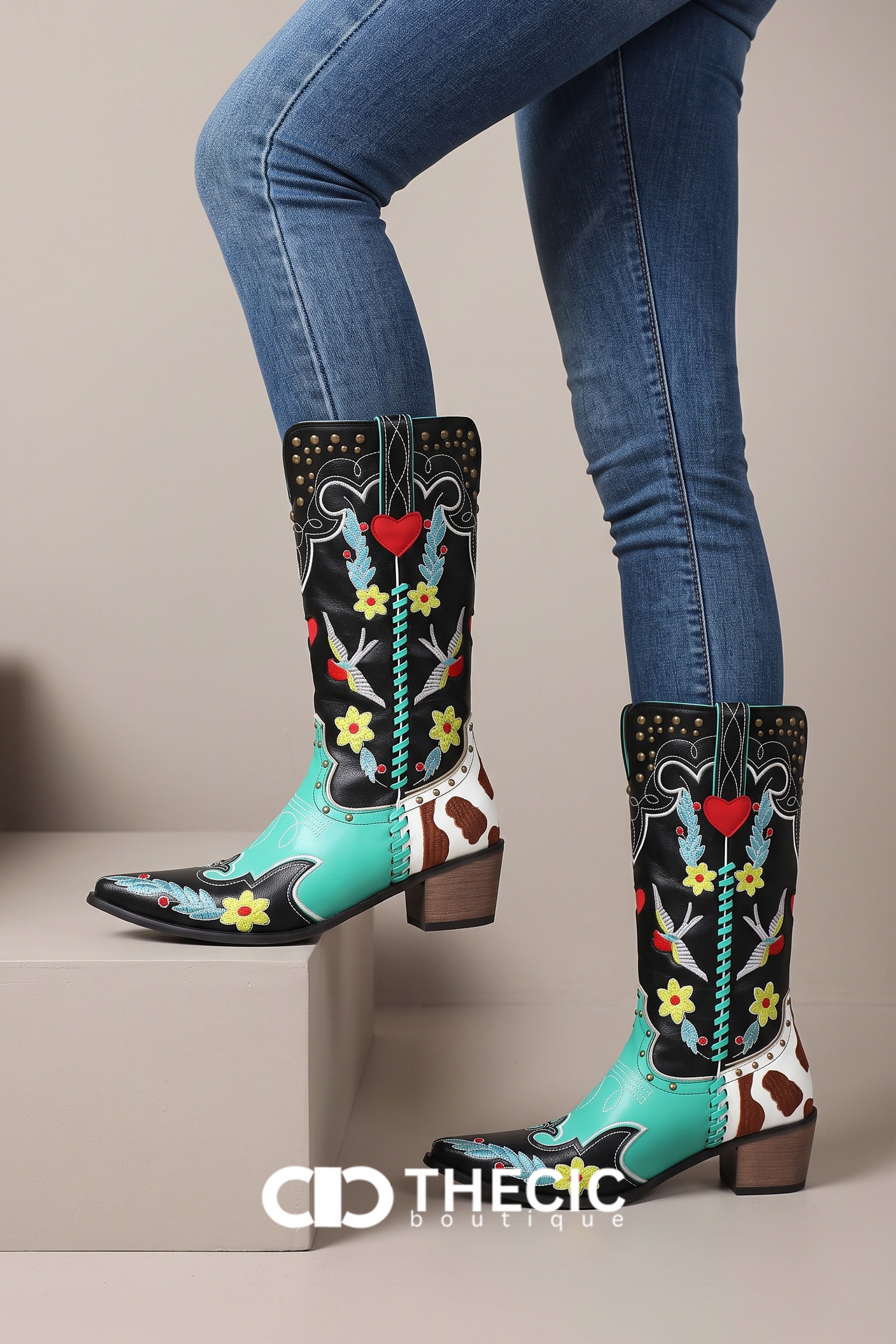 Embroidered Studded Color Block Cowboy Boots