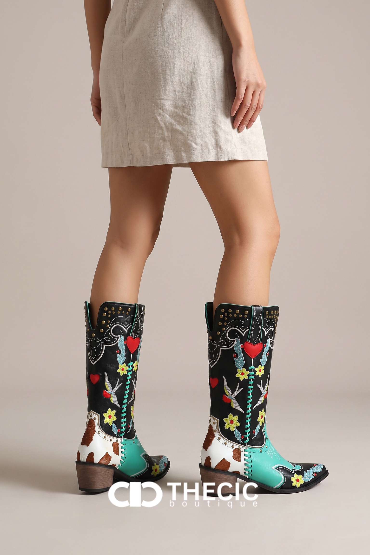 Embroidered Studded Color Block Cowboy Boots