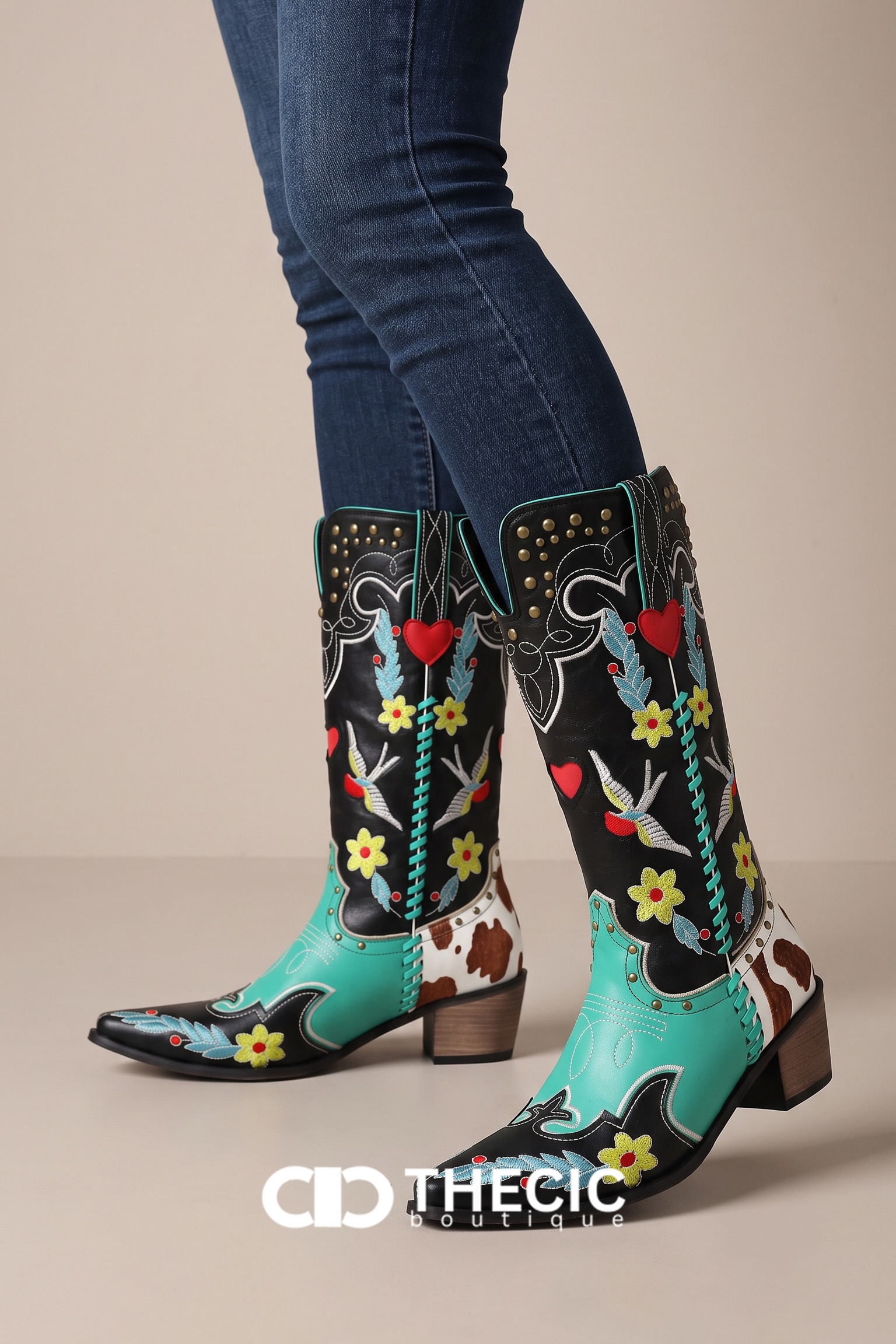 Embroidered Studded Color Block Cowboy Boots