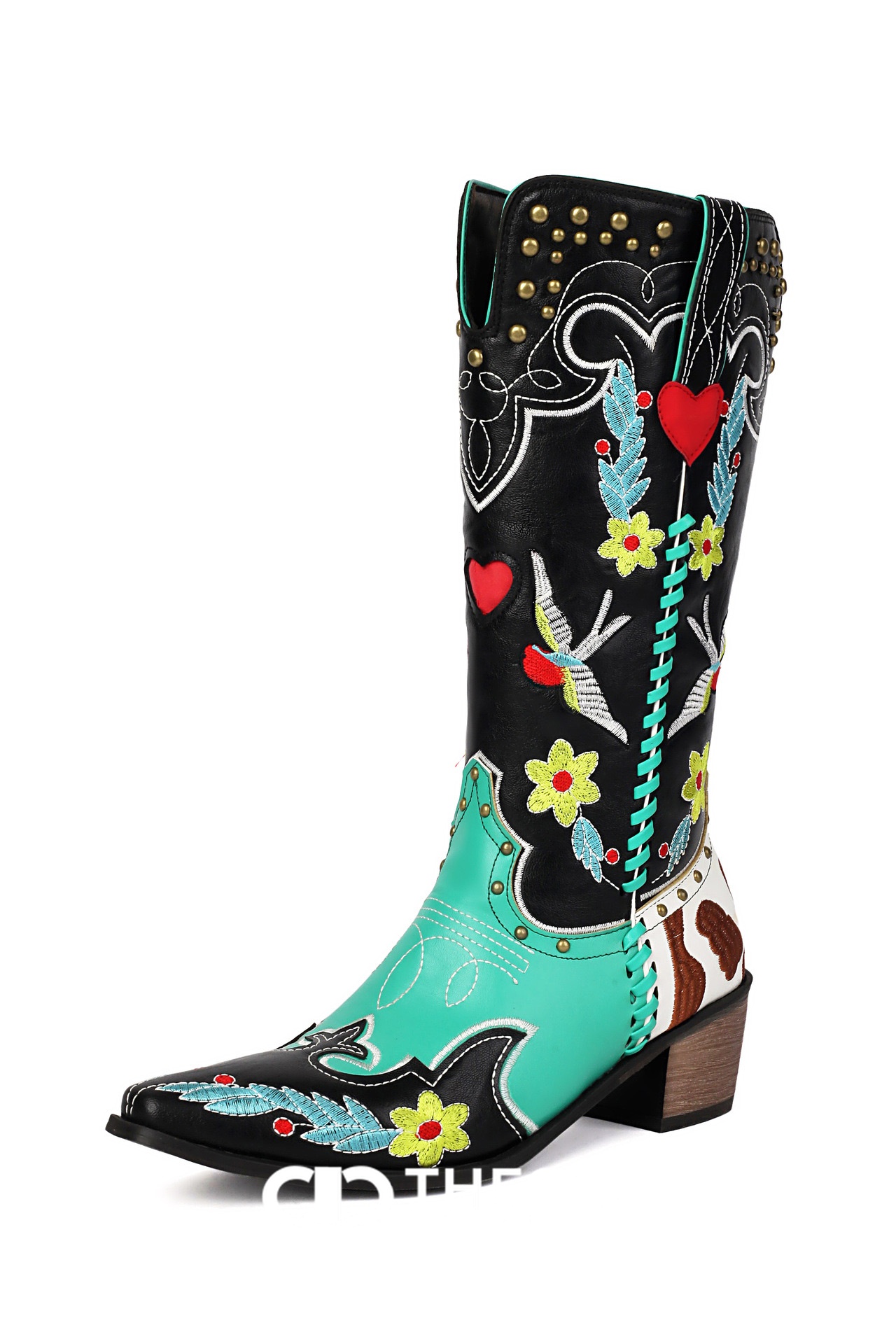 Embroidered Studded Color Block Cowboy Boots