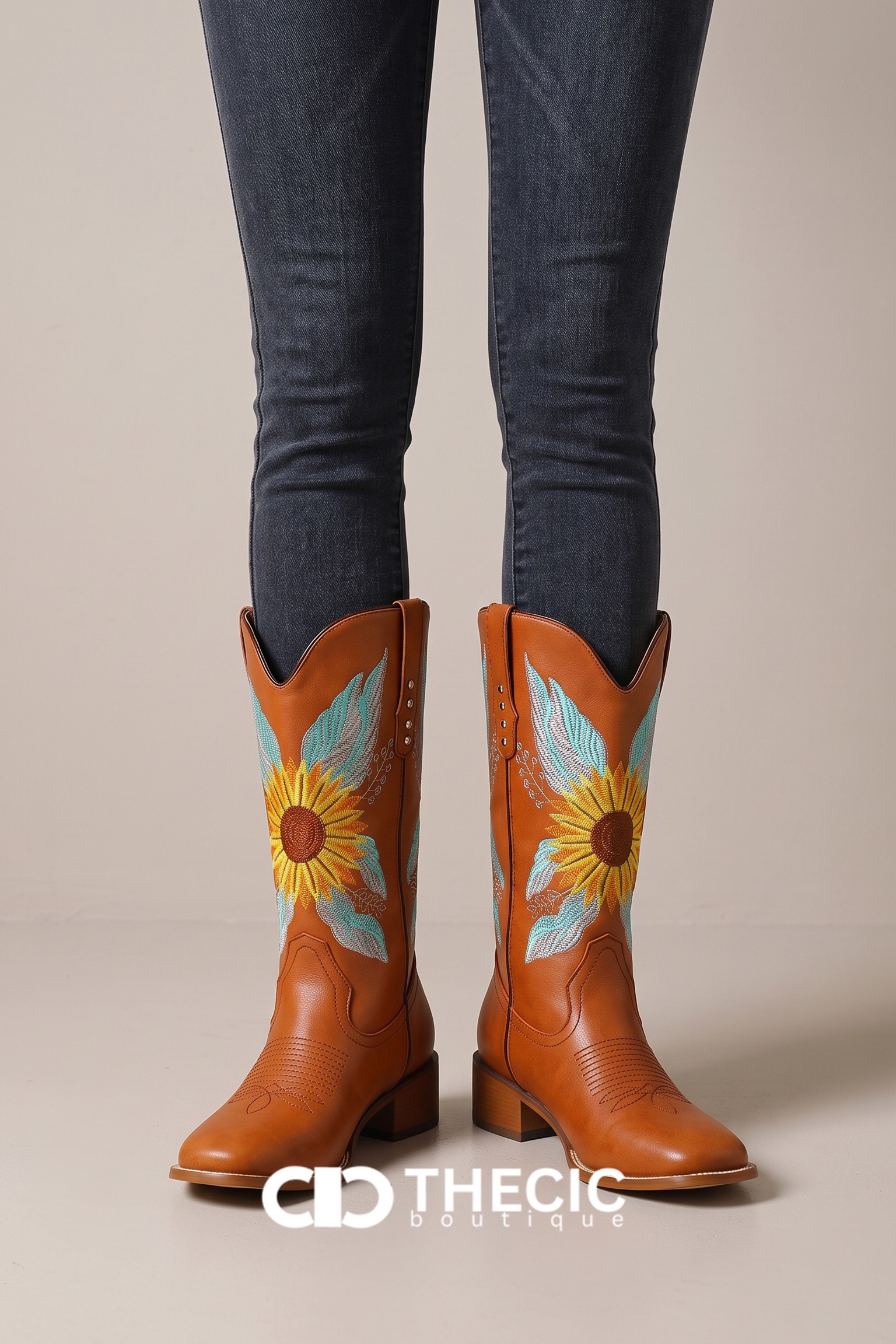 Embroidered Sunflower Feather Block Heel Cowboy Boots