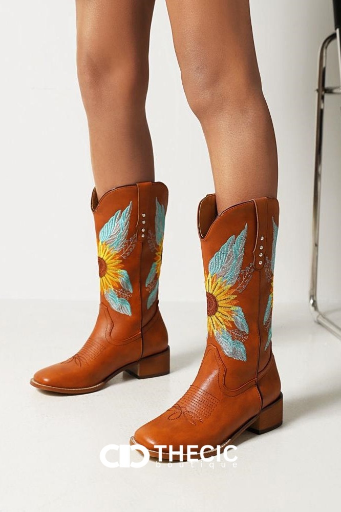 Embroidered Sunflower Feather Block Heel Cowboy Boots