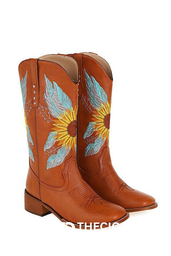 Embroidered Sunflower Feather Block Heel Cowboy Boots
