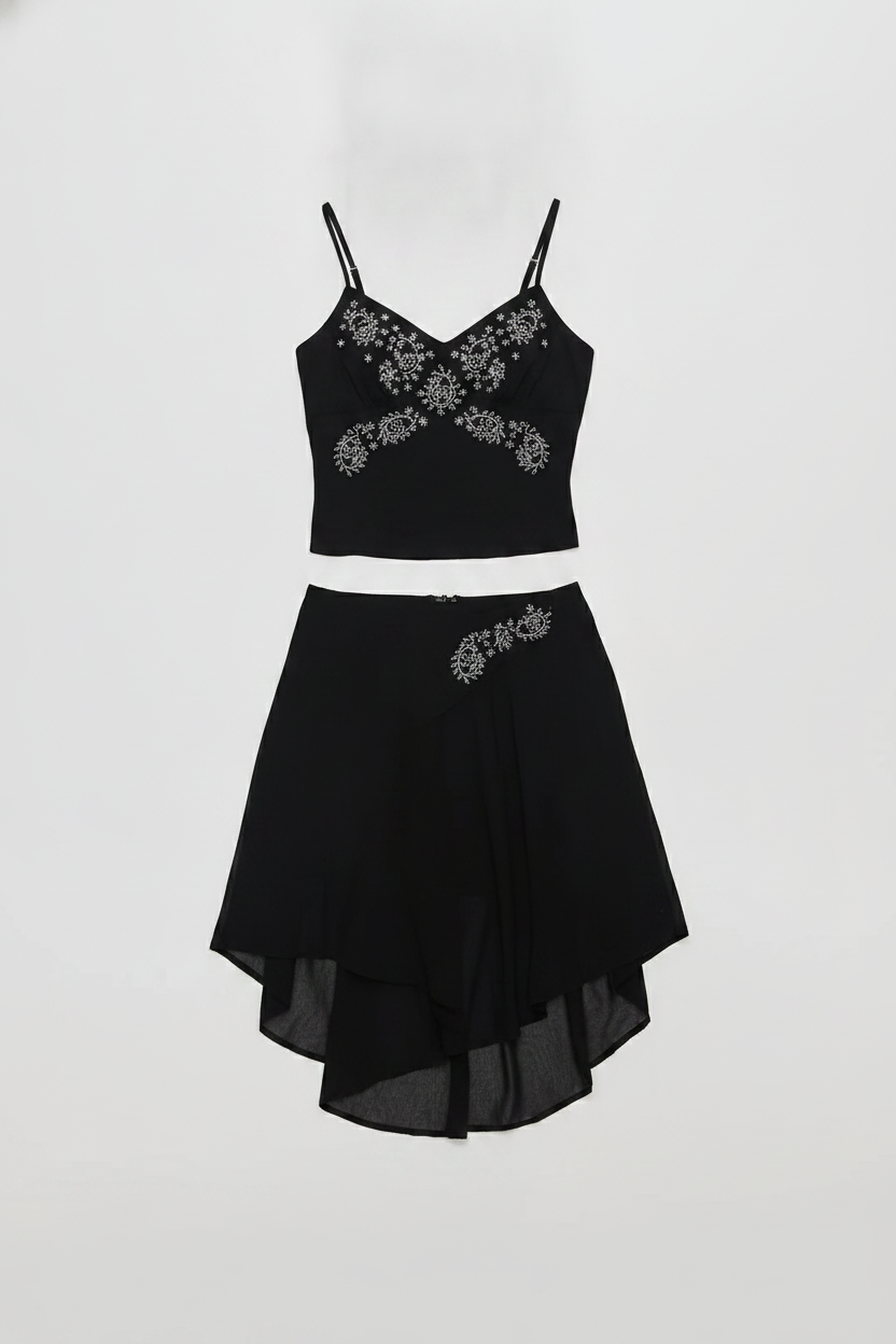 Embroidered Tie-Back Camisole Asymmetrical Skirt Set
