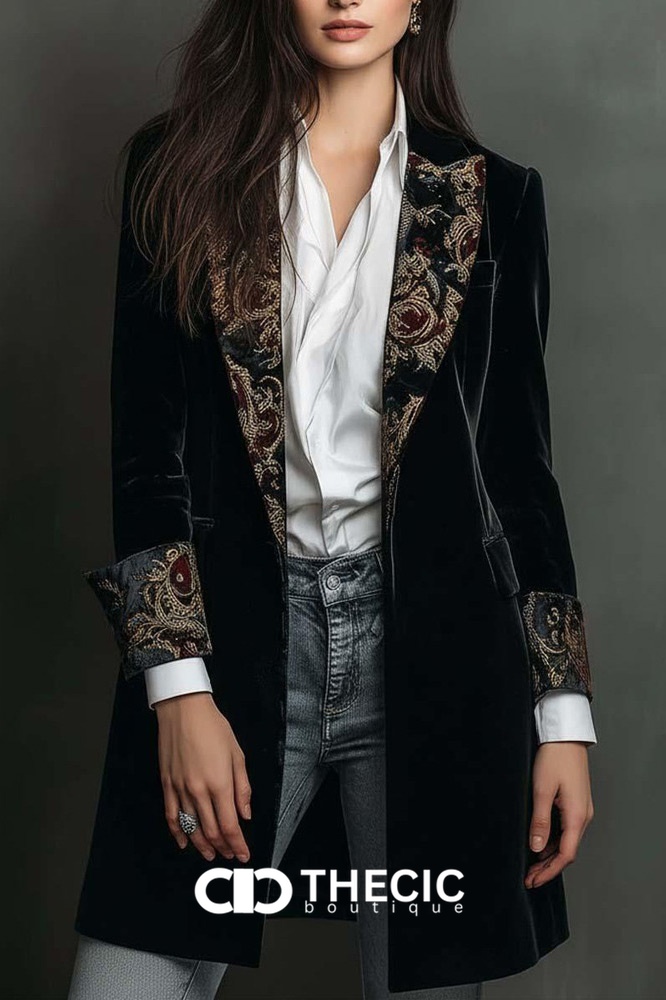 Embroidered Velvet Longline Blazer Jacket
