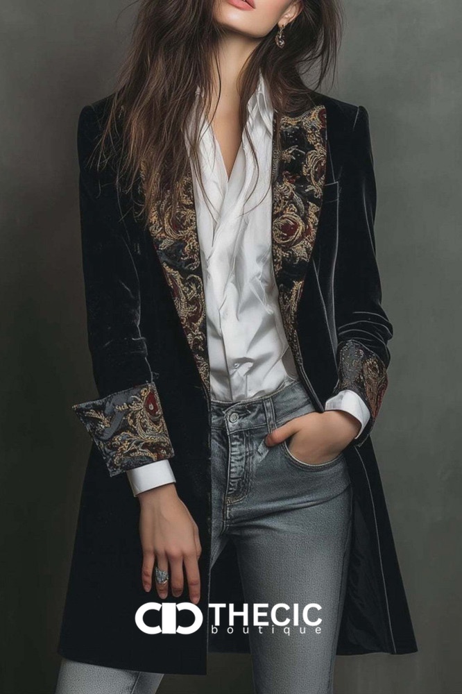Embroidered Velvet Longline Blazer Jacket