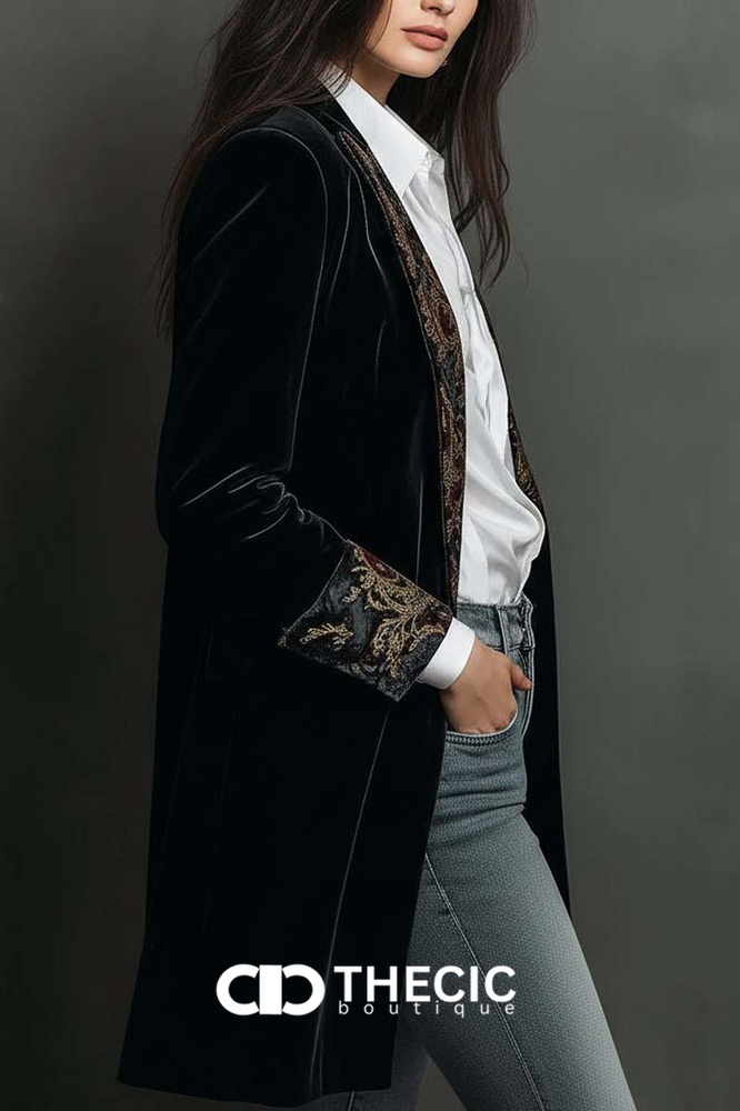 Embroidered Velvet Longline Blazer Jacket