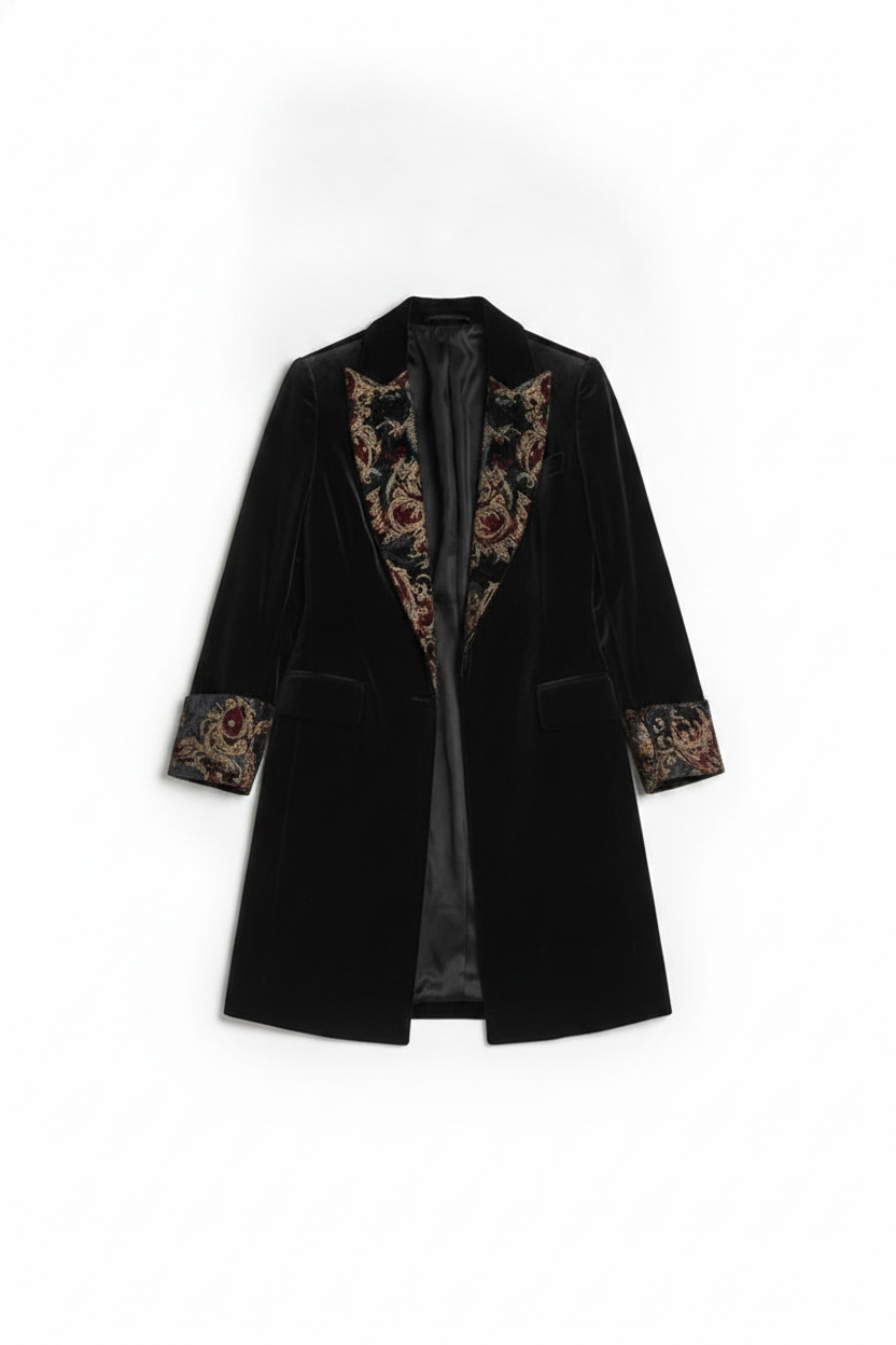 Embroidered Velvet Longline Blazer Jacket