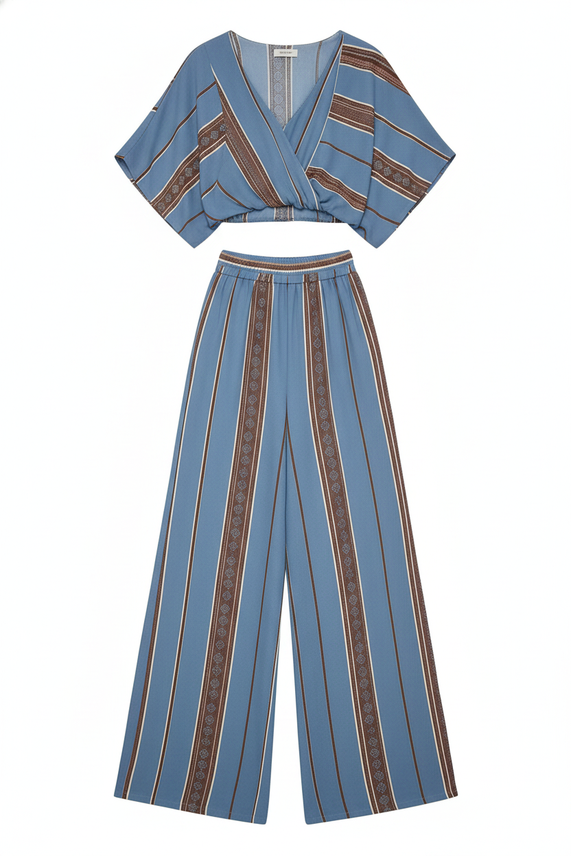 Ethnic Striped Wrap Crop Top Wide-Leg Set