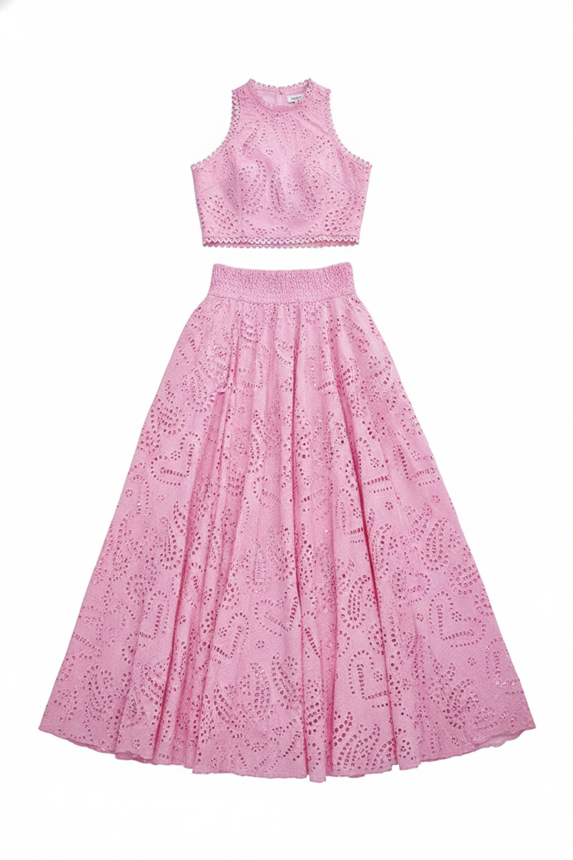 Eyelet Embroidered Scalloped Crop Top Maxi Skirt Set