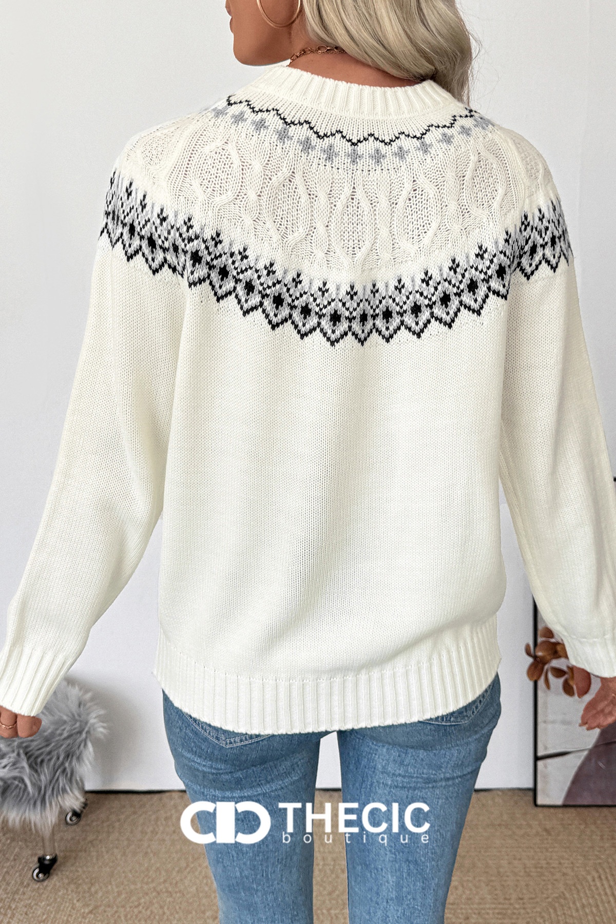 Fair Isle Cable Knit Crew Neck Sweater