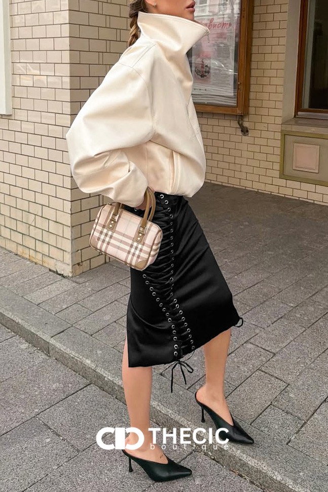 Satin-Effect Lace-Up Side Midi Skirt