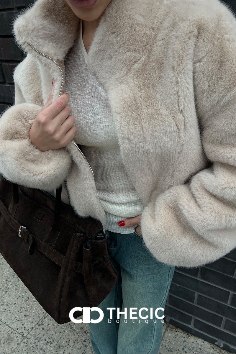 Faux Fur Cropped Stand Collar Jacket