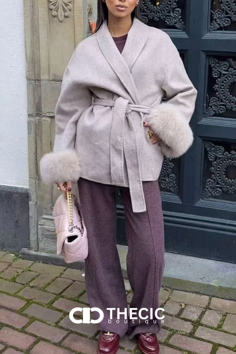 Faux Fur Cuff Wrap Coat | Shawl Collar Tie-Waist Short Coat | Fall & Winter Styling